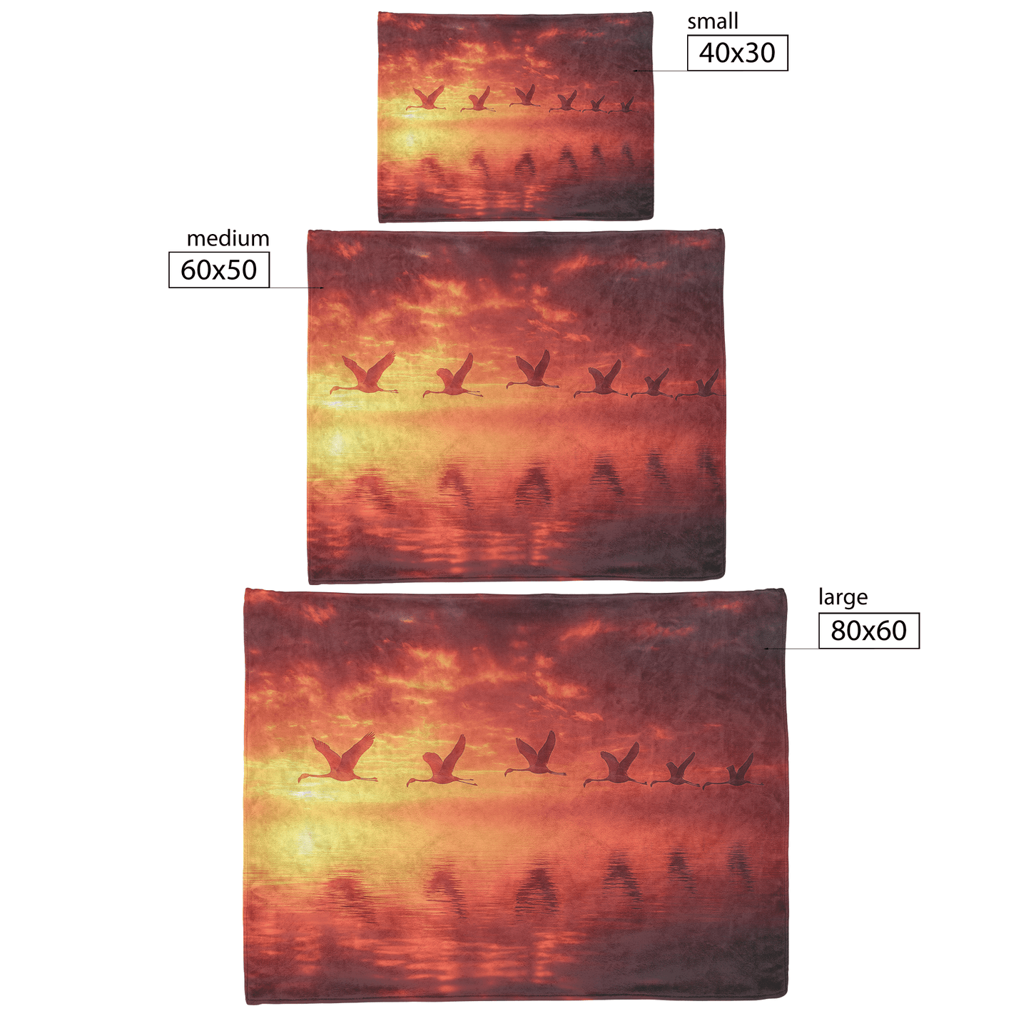 Flock of Flamingos Flying Over Glowing Sunset Lake With Silhouettes Reflecting Golden and Pink Light Fleece Sherpa Blanket - Awakening Righteousness