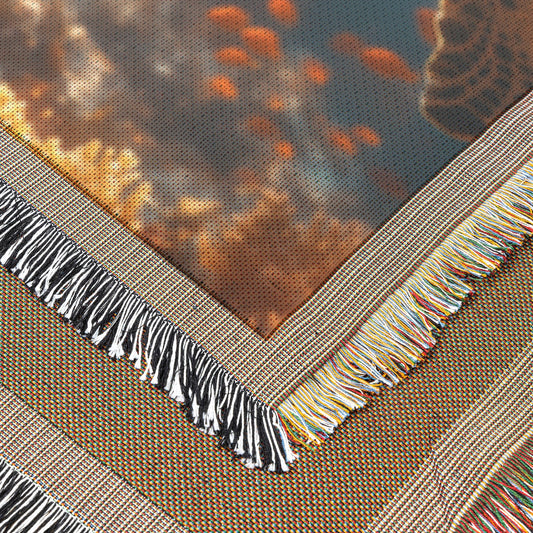 Giant Sea Turtle Swimming Near Glowing Coral Reef Woven Throw Blanket with Shimmering Fish and Golden Sunlight - Awakening Righteousness