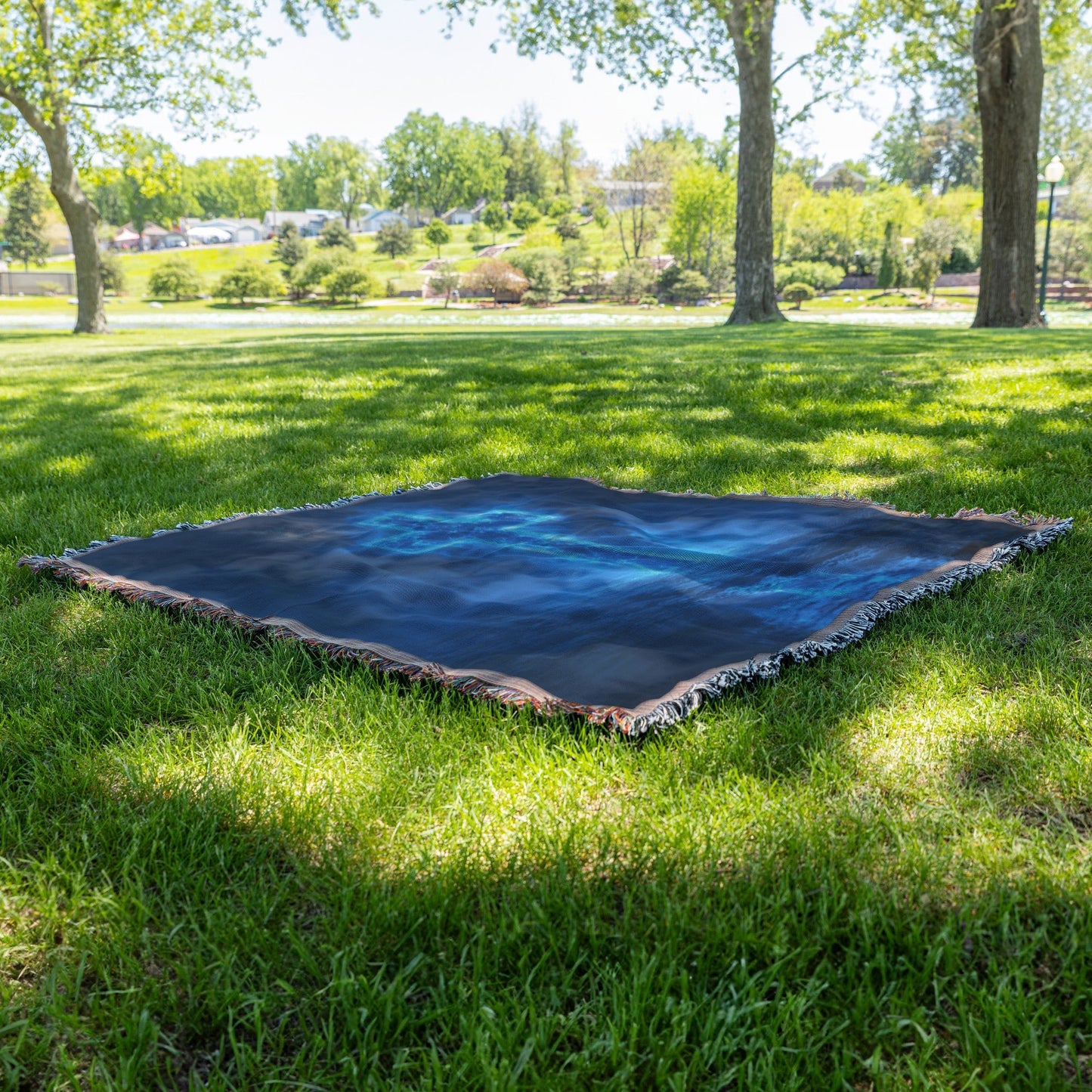 Glowing Blue Cross in Mist Woven Throw Blanket for Inspirational Christian Home Decor and Cozy Comfortv - Awakening Righteousness