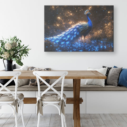 Glowing Peacock in Bioluminescent Forest Surrounded by Shimmering Plants and Ethereal Blue Light Canvas Wall Art - Awakening Righteousness