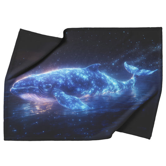 Glowing Whale Swimming Through Bioluminescent Ocean Starry Sky Soft Blue White Light Shimmering Fleece Sherpa Blanket - Awakening Righteousness