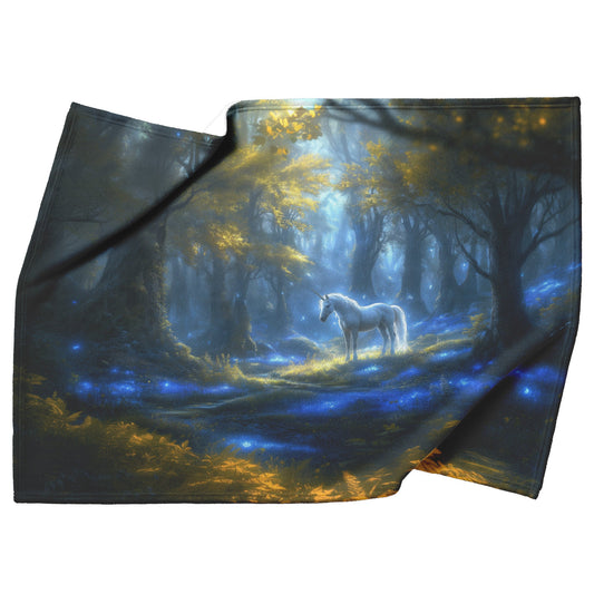 Glowing White Unicorn in Magical Forest Surrounded by Bioluminescent Plants and Ethereal Light Fleece Sherpa Blanket - Awakening Righteousness