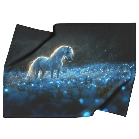 Glowing White Unicorn in Magical Forest Surrounded by Bioluminescent Plants and Ethereal Light Fleece Sherpa Blanket - Awakening Righteousness