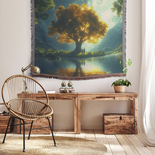 Golden Tree of Life Adam and Eve Cozy Christian Woven Throw Blanket - Awakening Righteousness