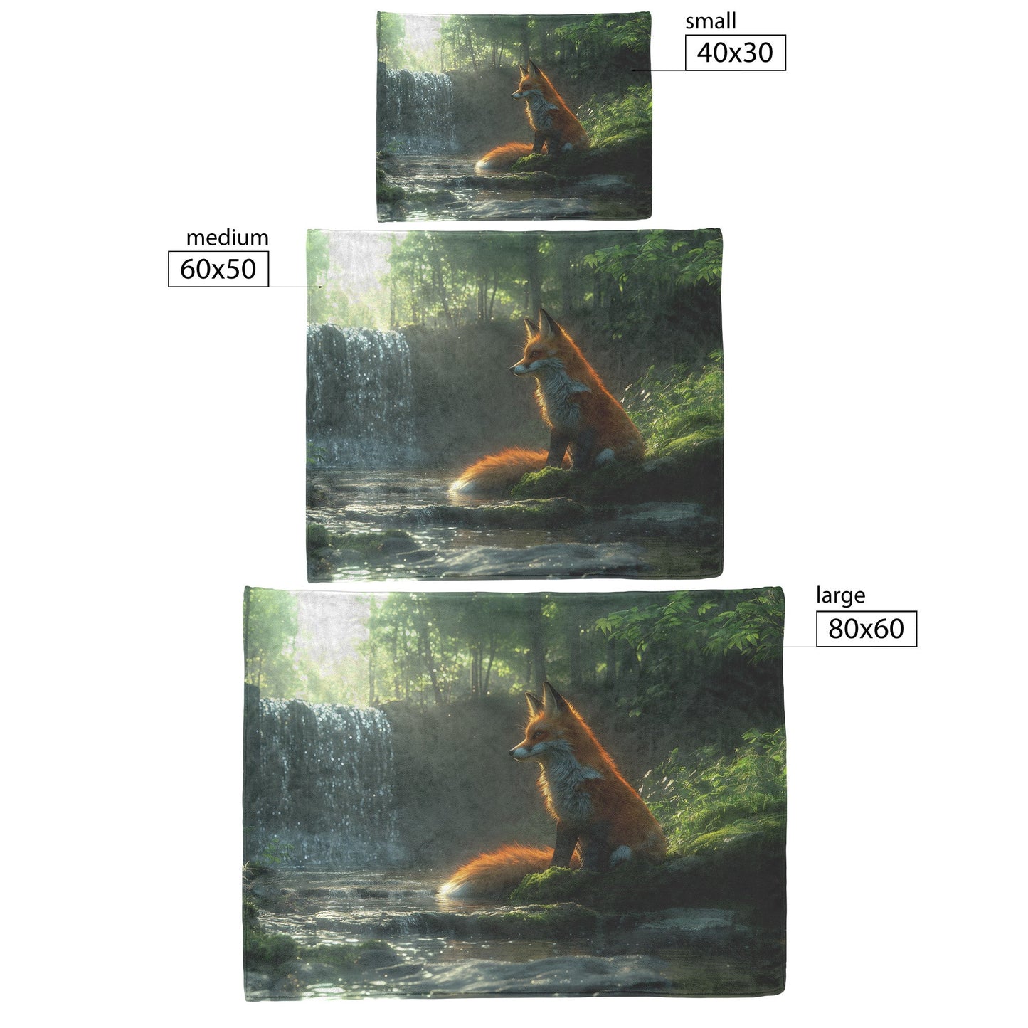 Graceful Fox Near Glowing Waterfall Peaceful Forest Lush Green Moss Fleece Sherpa Blanket - Awakening Righteousness