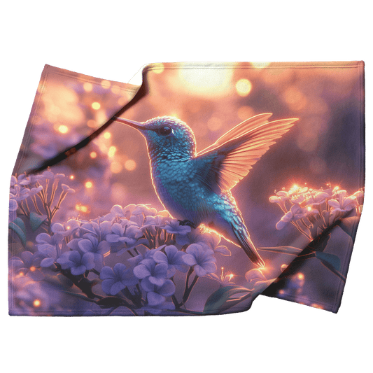 Green and Blue Hummingbird Surrounded by Glowing Purple Flowers in Bioluminescent Garden Under Twilight Sky Fleece Sherpa Blanket - Awakening Righteousness