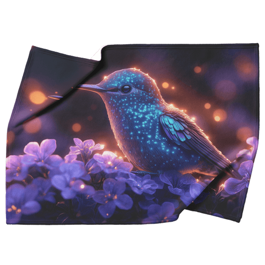 Green and Blue Hummingbird Surrounded by Glowing Purple Flowers in Bioluminescent Garden Under Twilight Sky Fleece Sherpa Blanket - Awakening Righteousness