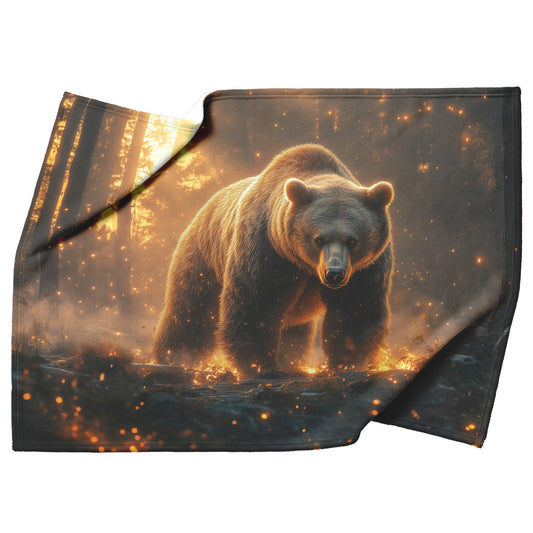 Grizzly Bear in Glowing Forest Clearing Soft Moonlight Mist Ancient Trees Ethereal Atmosphere Fleece Blanket - Awakening Righteousness