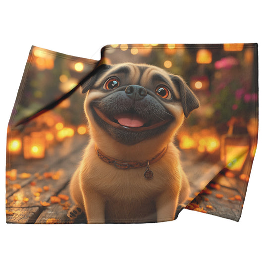 Happy Pug Sitting on Glowing Porch with Lanterns and Soft Warm Light Illuminating Its Face Fleece Sherpa Blanket - Awakening Righteousness