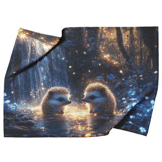 Hedgehogs Playing by Glowing Waterfall with Shimmering Blue Plants and Ethereal Mist Fleece Sherpa Blanket - Awakening Righteousness