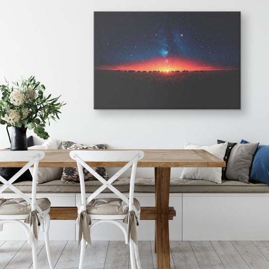 Herd of Cows Grazing Peacefully Under Twilight Sky with Glowing Stars and Soft Light Silhouettes Canvas Wall Art - Awakening Righteousness