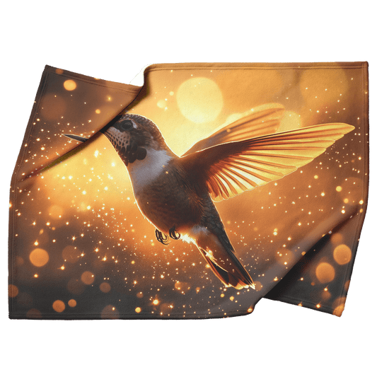 Hummingbird Silhouetted Against Glowing Sunset With Wings Trailing Golden Sparkles in Dynamic and Serene Atmosphere Fleece Sherpa Blanket - Awakening Righteousness