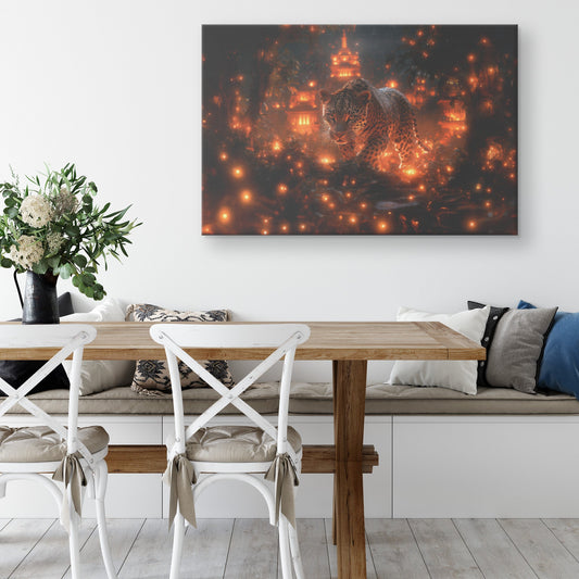 Leopard Canvas Wall Art Decor Walking Through Glowing Ancient Ruins Covered in Jungle Vines Under a Twilight Sky with Magical Atmosphere - Awakening Righteousness