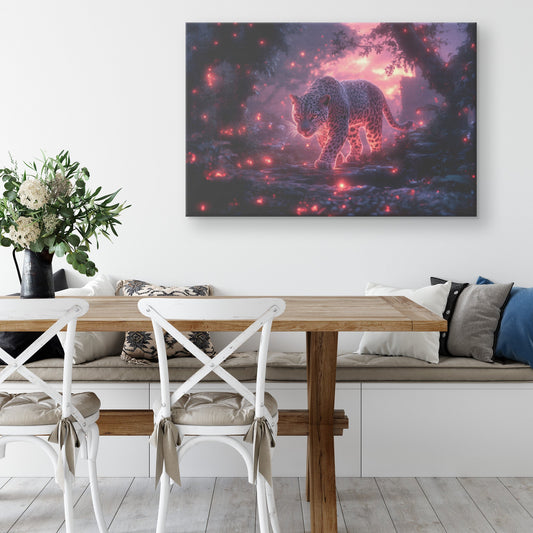 Leopard Canvas Wall Art Decor Walking Through Glowing Ancient Ruins Covered in Jungle Vines Under Twilight Sky with Magical Atmosphere - Awakening Righteousness