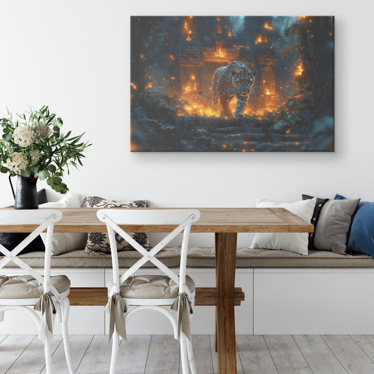 Leopard Canvas Wall Art Decor Walking Through Glowing Ancient Ruins Covered in Jungle Vines Under Twilight Sky with Magical Atmosphere - Awakening Righteousness