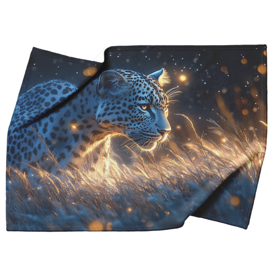 Leopard Hunting Under Glowing Moonlight in Open Savanna with Misty Grass Fleece Sherpa Blanket - Awakening Righteousness
