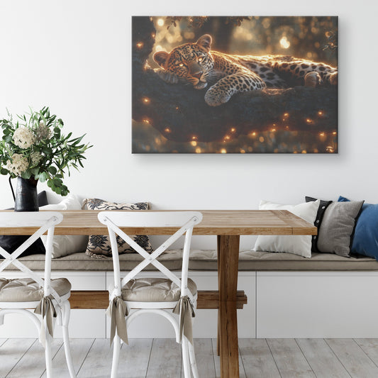 Leopard Resting on Acacia Tree Branch Golden Sunlight Intricate Fur Luminous Glow Wildlife Canvas Wall Art - Awakening Righteousness