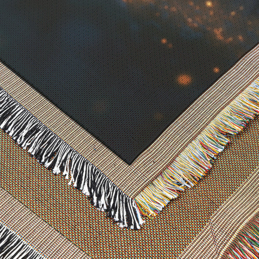 Lion with Glowing Golden Fur in Bioluminescent Forest Woven Throw Blanket with Starry Night Sky and Vibrant Surreal Design - Awakening Righteousness