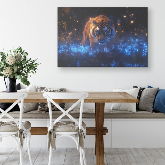 Lone Tiger Standing in Bioluminescent Forest Surrounded by Glowing Blue Plants and Mist Canvas Wall Art - Awakening Righteousness
