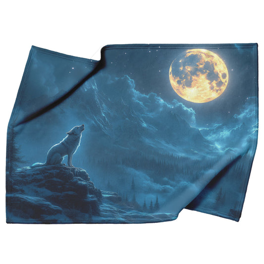 Lone Wolf Howling at Glowing Full Moon on Snowy Mountain Peak with Soft Silver Highlights Cozy Sherpa Blanket - Awakening Righteousness