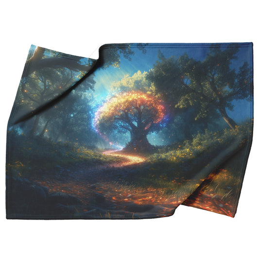 Magical Rainbow Spiraling Around Glowing Crystal Tree Mystical Forest Vibrant Plants Fleece Sherpa Blanket - Awakening Righteousness