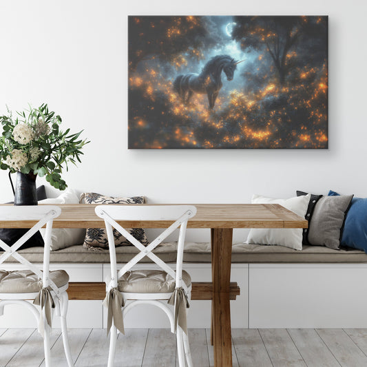 Majestic Black Unicorn in Glowing Forest Surrounded by Vibrant Plants and Misty Moonlight Canvas Wall Art Decor - Awakening Righteousness