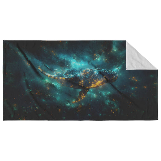 Majestic Blue Whale Swimming Through Glowing Bioluminescent Ocean Waters Under a Twilight Sky Beach Towel - Awakening Righteousness