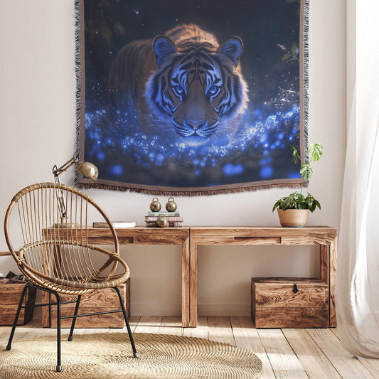 Majestic Lone Tiger in Bioluminescent Forest Surrounded by Glowing Blue Plants and Mist Woven Throw Blanket - Awakening Righteousness