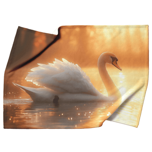 Majestic White Swan Gliding Across Glowing Crystal Clear Lake Under Golden Sunrise With Shimmering Reflection Fleece Sherpa Blanket - Awakening Righteousness