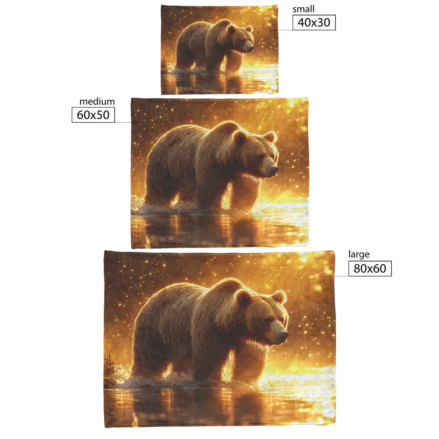 Massive Brown Bear on Misty Riverbank with Glowing Golden Sunlight and Reflective Crystal Water Fleece Blanket - Awakening Righteousness