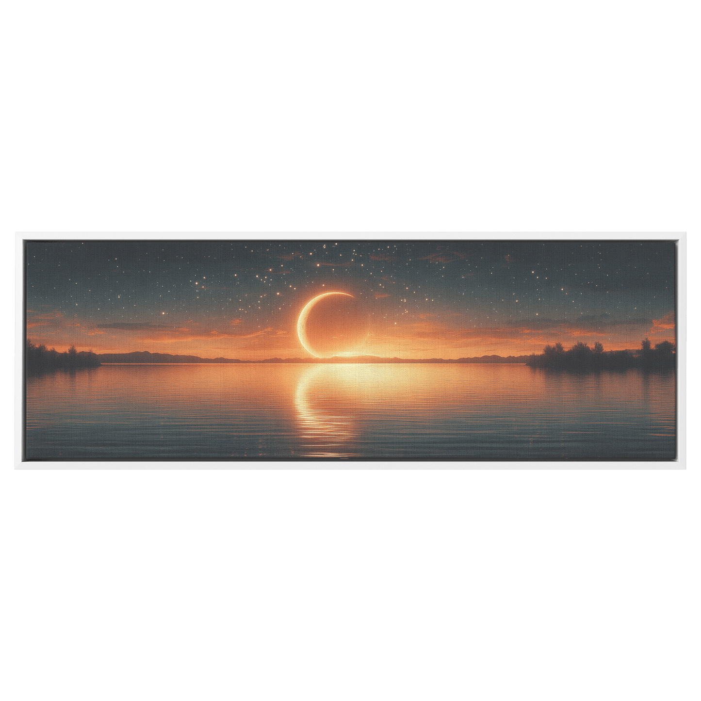 Minimalist Celestial Artwork Crescent Moons Dotted Star Trails Muted Olive Taupe Tones Ultra High Definition Boho Elegance Panoramic Framed Canvas Wall Art - Awakening Righteousness