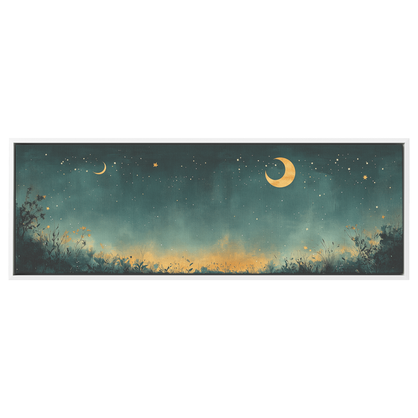 Minimalist Celestial Design Crescent Moons Tiny Stars Muted Green Background Ultra High Definition Clean Simplicity Panoramic Framed Canvas Wall Art - Awakening Righteousness