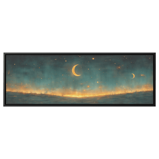 Minimalist Celestial Design Crescent Moons Tiny Stars Muted Green Background Ultra High Definition Clean Simplicity Panoramic Framed Canvas Wall Art - Awakening Righteousness