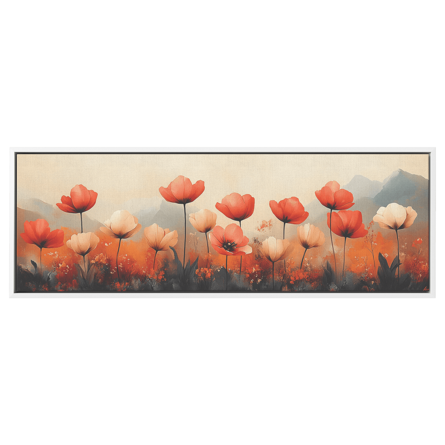 Minimalist Floral Artwork Stylized Tulips Muted Terracotta Cream Tones Ultra High Definition Retro Inspired Elegance Panoramic Framed Canvas Wall Art - Awakening Righteousness