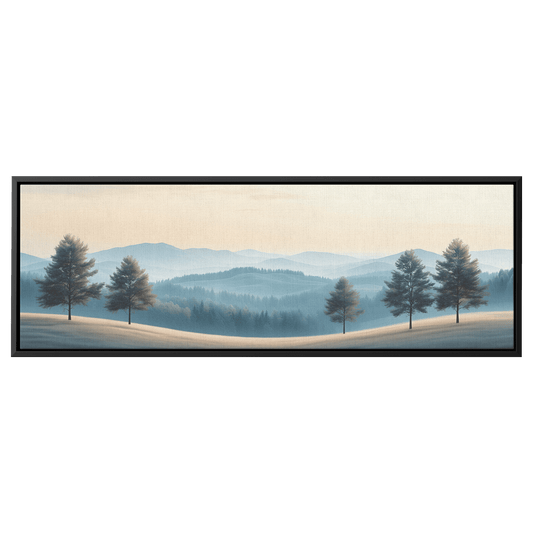 Minimalist Nature Artwork Distant Hills Tree Silhouettes Taupe Light Beige Tones Ultra High Definition Clean Minimalist Panoramic Framed Canvas Wall Art - Awakening Righteousness