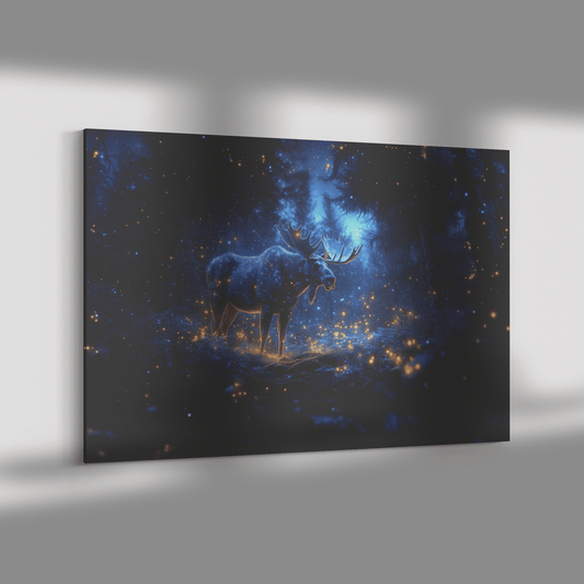 Moose Standing On Mossy Forest Trail With Bioluminescent Plants And Fireflies Under Twilight Sky Canvas Wall Art Decor - Awakening Righteousness