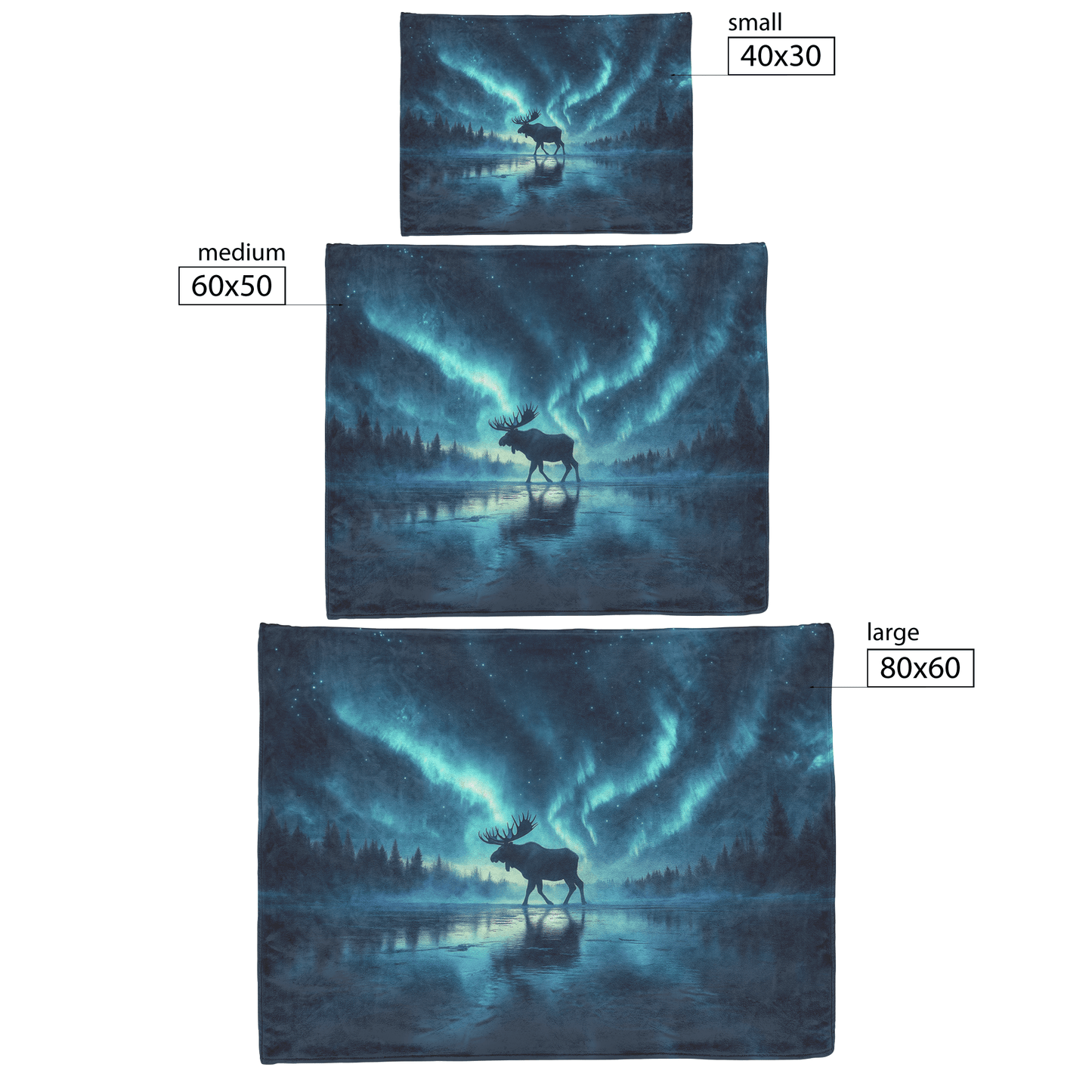 Moose Walking Across Frozen Lake Under Glowing Aurora Borealis With Antler Reflections on Icy Surface Fleece Sherpa Blanket - Awakening Righteousness