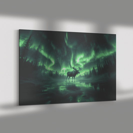 Moose Walking Across Frozen Lake With Aurora Borealis Sky And Antler Reflections On Icy Surface Canvas Wall Art Decor - Awakening Righteousness