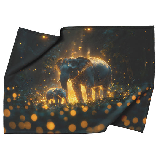 Mother Elephant Leading Baby Through Magical Glowing Forest Bioluminescent Plants Shimmering Fireflies Fleece Sherpa Blanket - Awakening Righteousness