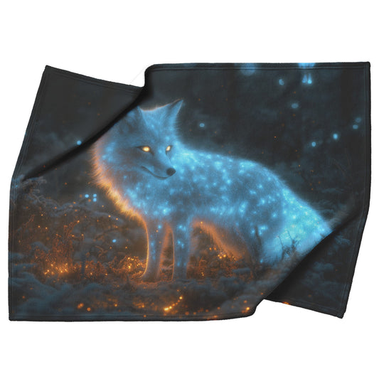 Mystical Glowing Fox in Bioluminescent Forest Moonlit Sky Shimmering Plants Intricate Fur Fleece Sherpa Blanket - Awakening Righteousness