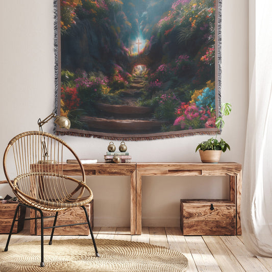 Narrow Path of Grace Woven Throw Blanket Vibrant Flowers and Cross Christian Faith Inspired Decor or Gift - Awakening Righteousness