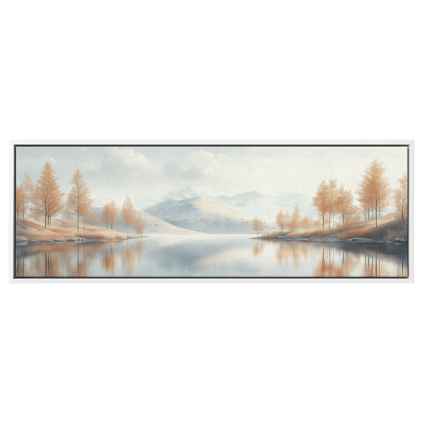 Neutral Toned Calm Lake Illustration Sparse Trees Muted Beige Hills Ultra High Definition Textured Modern Panoramic Framed Canvas Wall Art - Awakening Righteousness