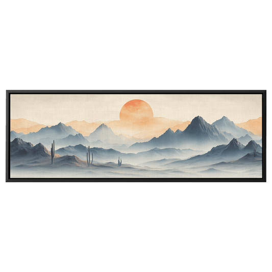 Neutral Toned Desert Artwork Abstract Cacti Forms Soft Mountains Muted Gray Beige Ultra High Definition Elegant Minimalist Panoramic Framed Canvas Wall Art - Awakening Righteousness