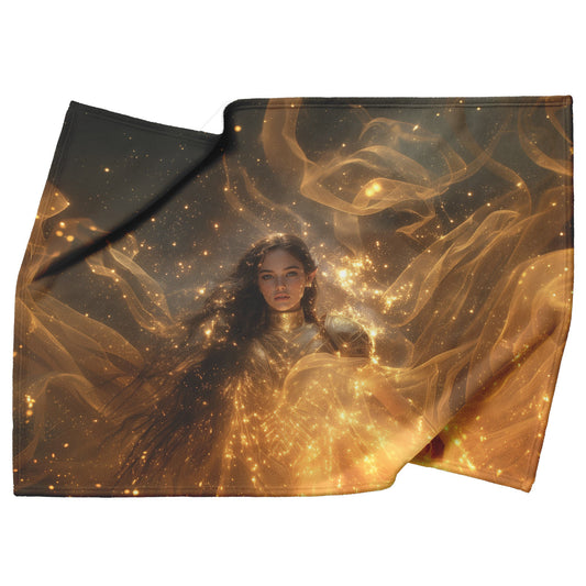 Night Elf Paladin Fleece Sherpa Blanket Golden Armor Shimmering Stars Cosmic Reflections Bold Serene WoW Design - Awakening Righteousness