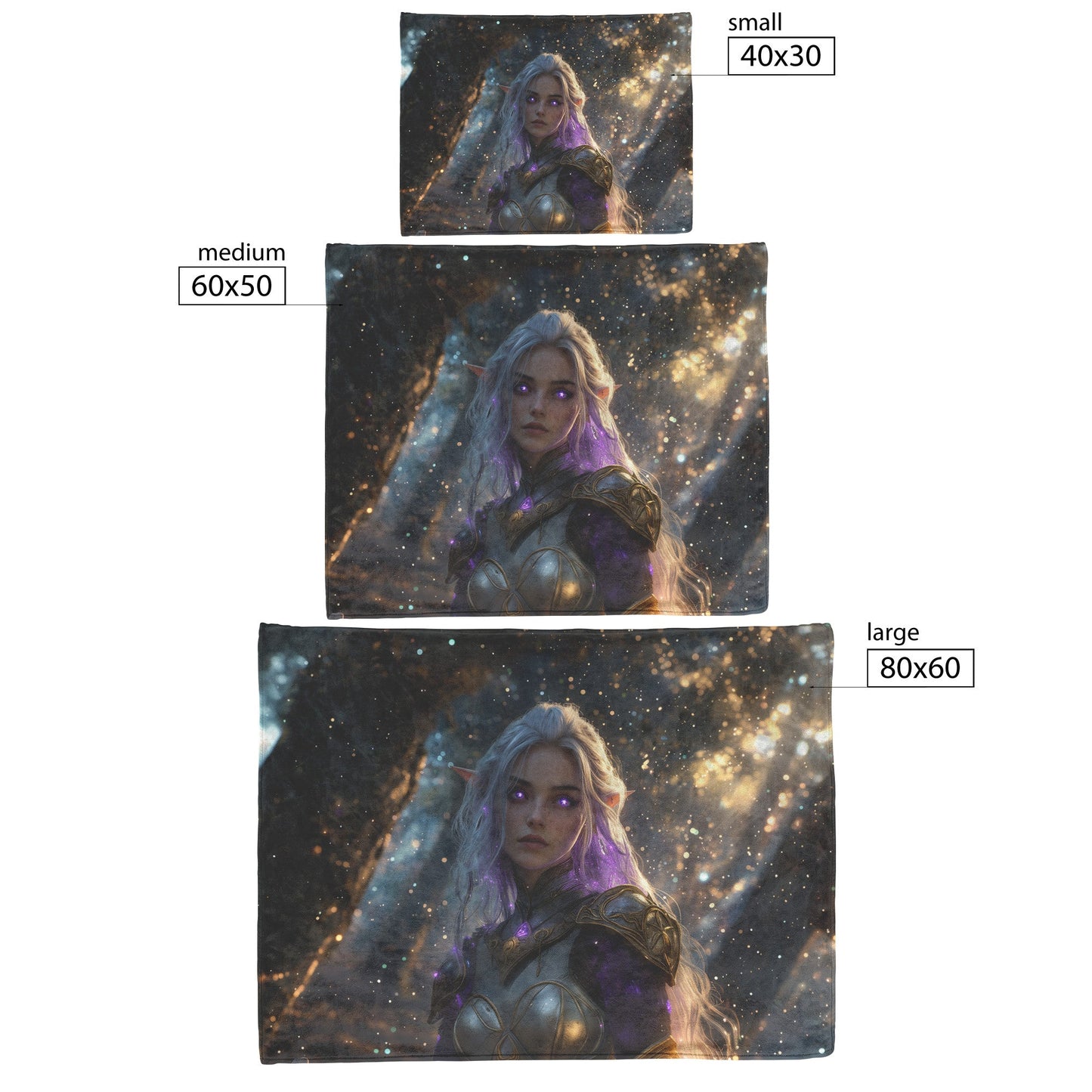 Night Elf Paladin Fleece Sherpa Blanket Silver Purple Armor Golden Accents Silver Light Stars Majestic Serene WoW Design - Awakening Righteousness