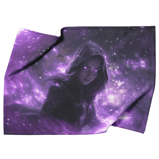 Night Elf Rogue Fleece Sherpa Blanket Black Leather Glowing Daggers Purple Mist Silver Light Bold Stealthy WoW Design - Awakening Righteousness