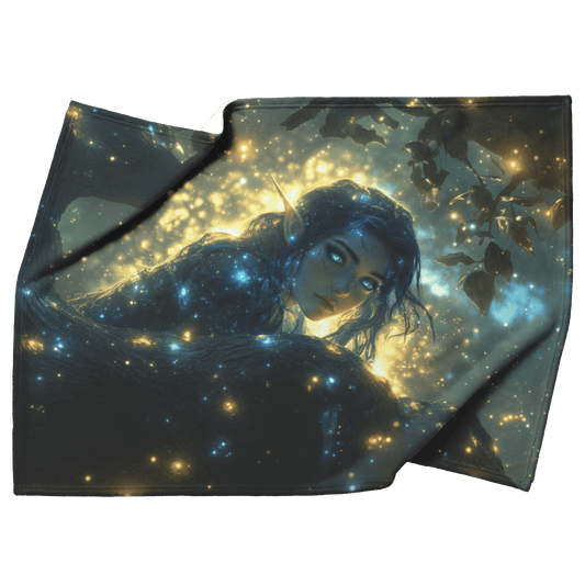 Night Elf Rogue Fleece Sherpa Blanket Treetop Forest Shimmering Stars Cosmic Textures Elegant Mysterious WoW Design - Awakening Righteousness