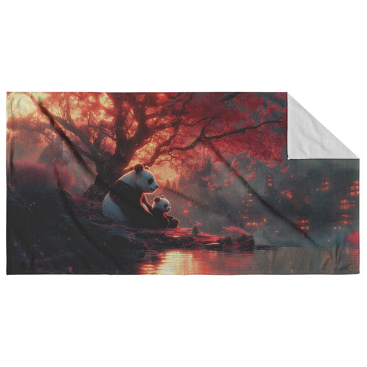 Panda Family Sitting Together Under a Glowing Pink Cherry Blossom Tree Surrounded by Serene Natural Scenery Beach Towel - Awakening Righteousness