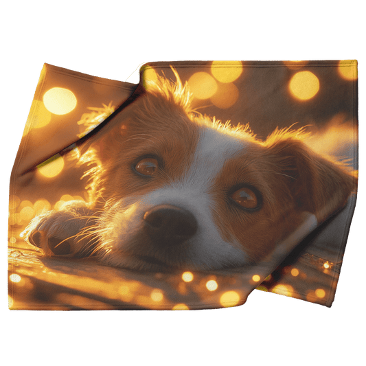 Parson Russell Terrier Lying on Wooden Deck Surrounded by Shimmering Golden Textures and Glowing Light Rays Fleece Sherpa Blanket - Awakening Righteousness