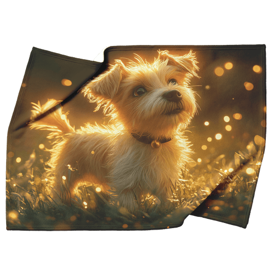 Parson Russell Terrier Standing in Lush Green Meadow Surrounded by Golden Light Trails With Glowing Fur Fleece Sherpa Blanket - Awakening Righteousness